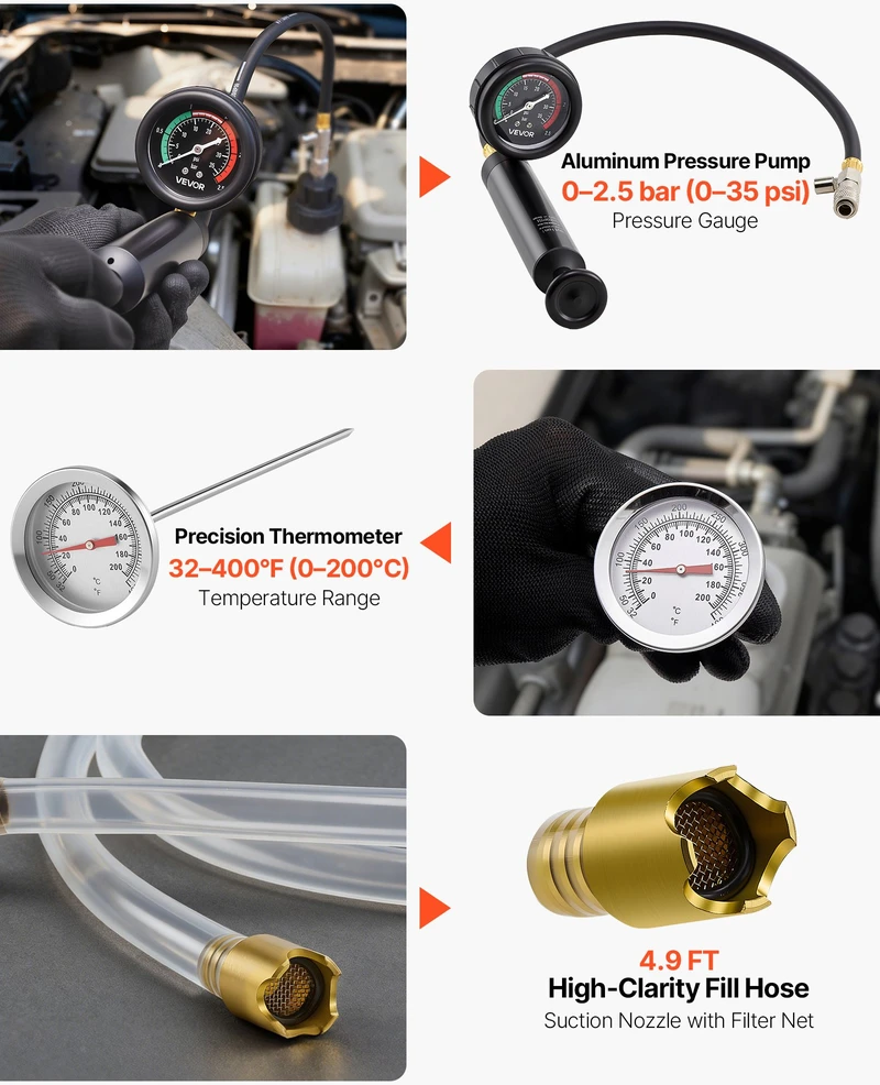Aušinimo sistemos slėgio testerių rinkinys. 31 dalis. su 3 metaliniais adapteriais ir pompa