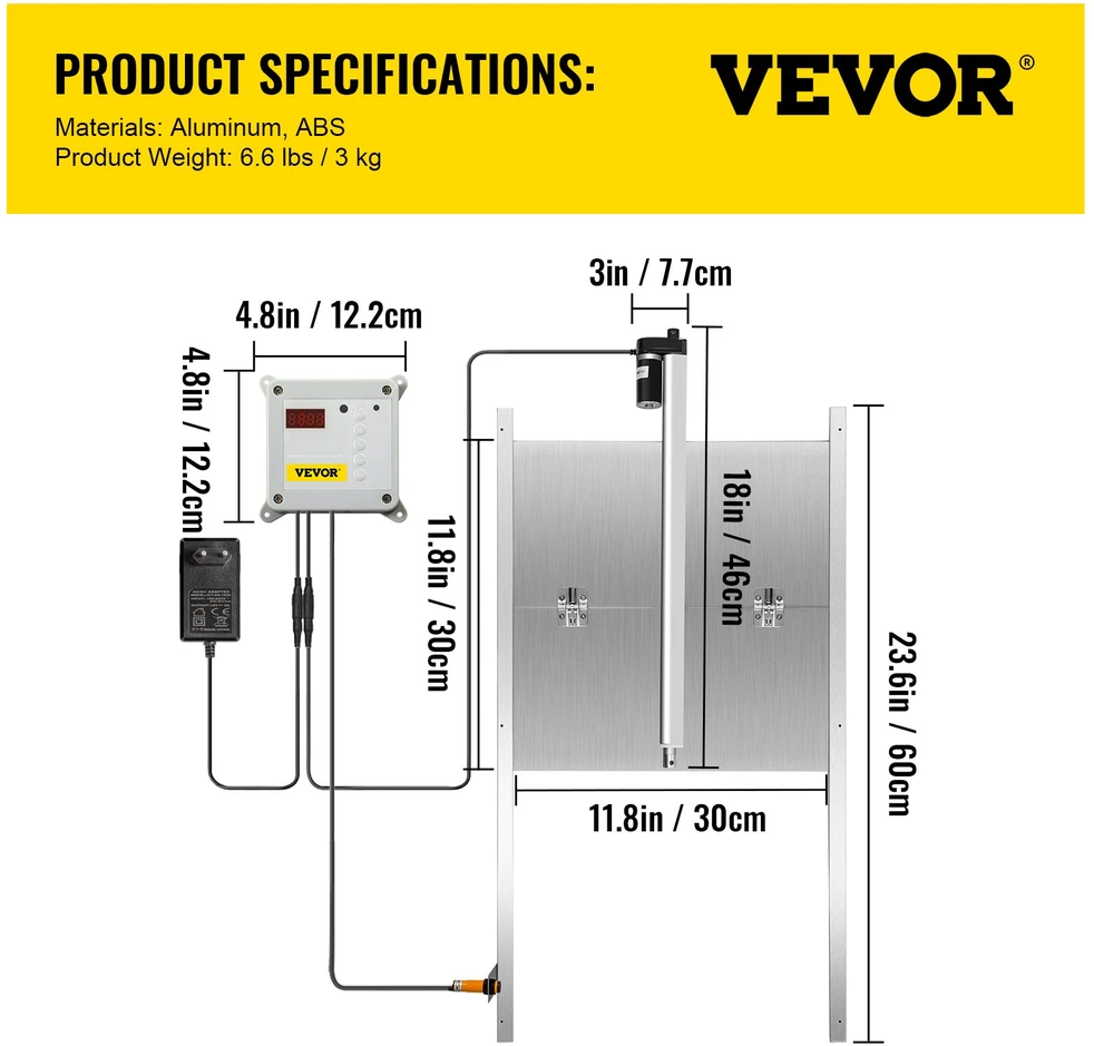 Automatinės vištidės durų atidarymo sistema 12V. 30x30 cm. su šviesos jutikliu ir 2 pultais