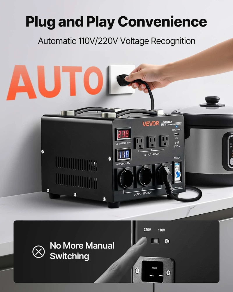 Automatinis įtampos keitiklio transformatorius 6000 VA. 110 V/220 V. LCD ekranas