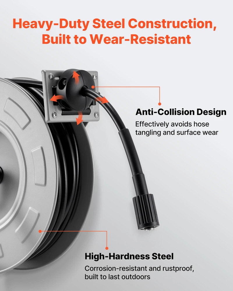 Automatinis plovimo mašinos žarnos ritinys 19.8 m x 6.4 mm. iki 3200 PSI. plieno