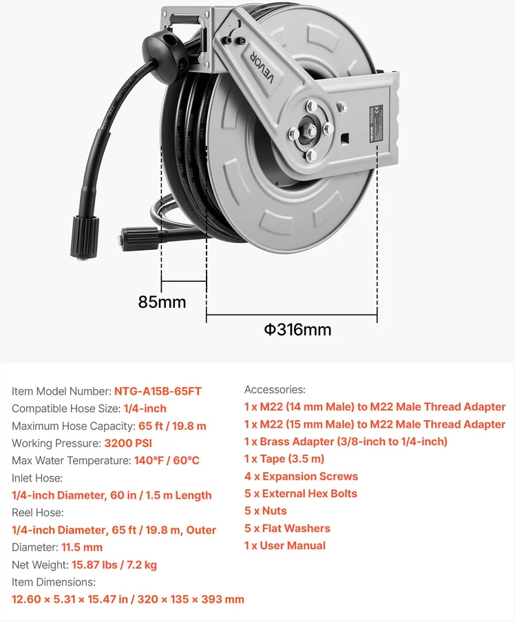 Automatinis plovimo mašinos žarnos ritinys 19.8 m x 6.4 mm. iki 3200 PSI. plieno