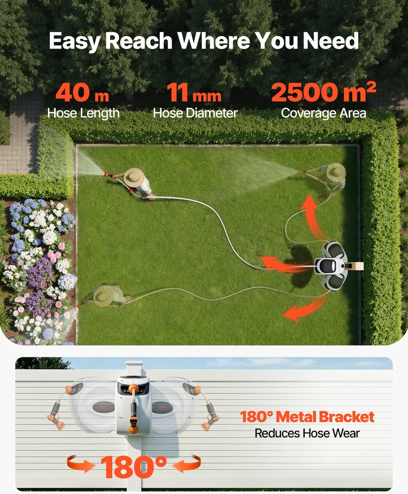 Automatinis sodo žarnos ritinys. sieninis. Ø12 mm. pasukamas 180°. su antgaliu