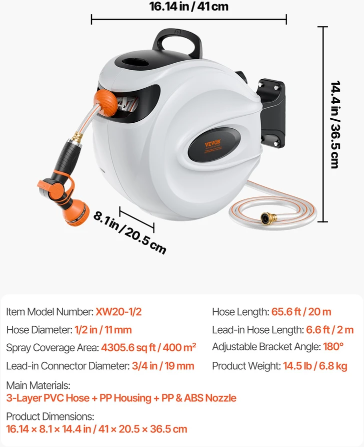Automatinis suktinis žarnos ritinys. 20 m. žarnos skersmuo 12 mm. sukasi 180°