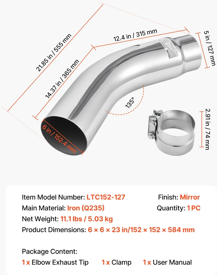 Automobilinis išmetimo vamzdis su lankstu. įėjimas 127 mm. išėjimas 152 mm. chromuotas