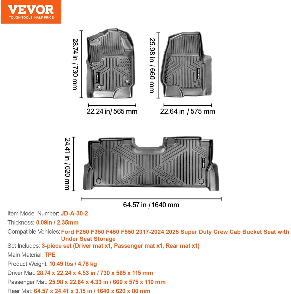 Automobilio kilimėliai Ford F-250/F-350/F-450 2017-2022. TPE. 3 vnt.. juodi. 2.35 mm
