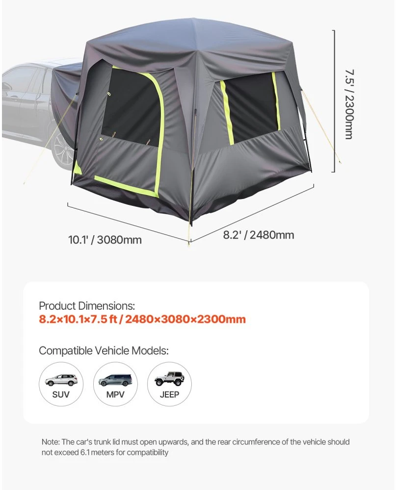 Automobilio/SUV palapinė 248 x 308 x 230 cm dvigubo sluoksnio PU2000 5–8 asmenims