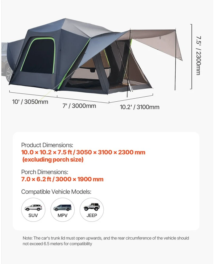 Automobilio/SUV palapinė 305 x 310 x 230 cm dvigubo sluoksnio PU2000 5–8 asmenims