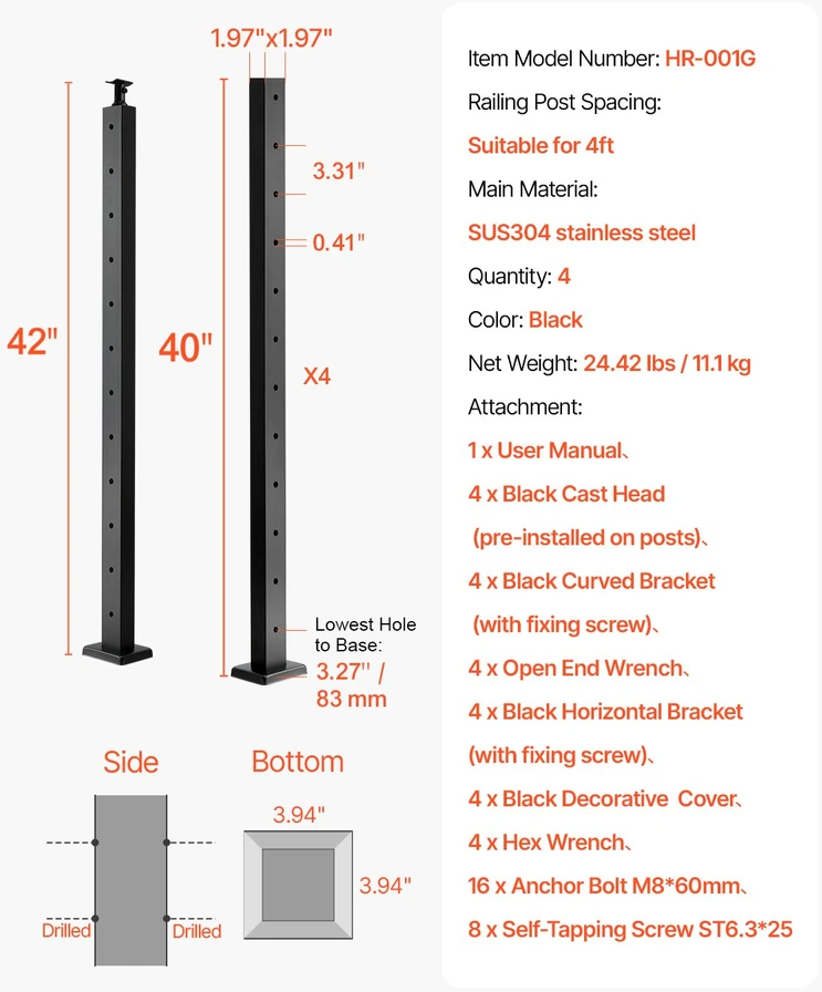 Balkono tvoros turėklų komplektas. 4 vnt.. 1067 x 100 x 100 mm. stulpeliai sodo. balkono ir tilto skydeliams