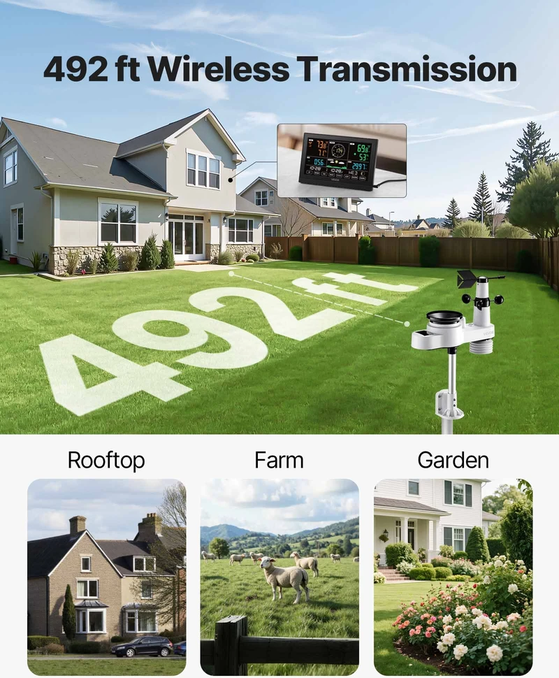 Belaidė meteorologinė stotelė be WiFi. 190.5 mm VA ekranas. saulės jutiklis. lietaus matuoklis. 5 funkcijos