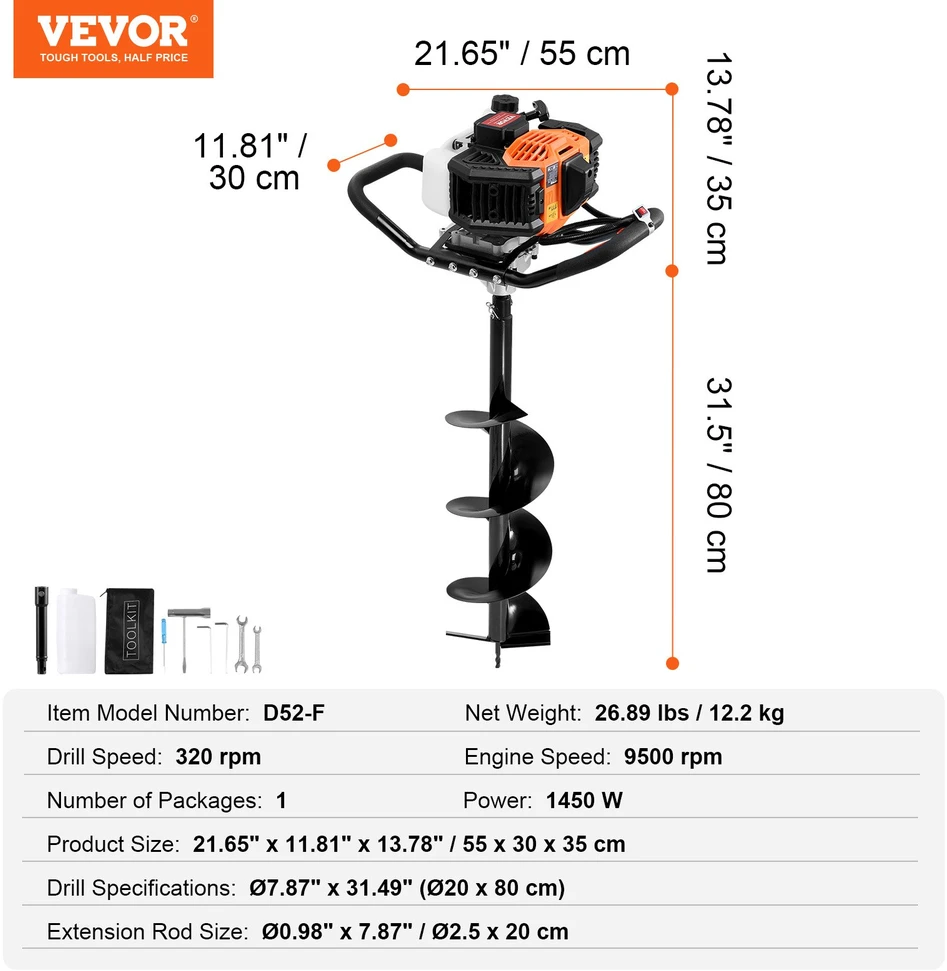 Benzininis žemės grąžtas. 52 cm³. 1450 W. su 200 mm antgaliu ir ilginimo velenu. tvoros stulpams ir sodinimui. oranžinis-juodas
