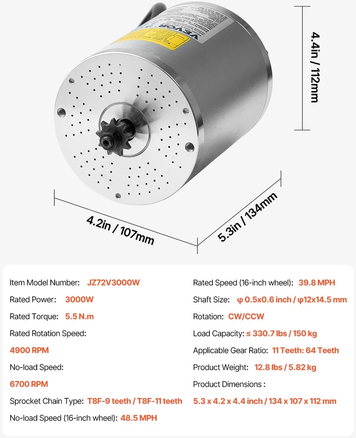 Bešepetėlinio nuolatinės srovės variklio rinkinys 3000 W 72 V 4900 aps/min go-kartams