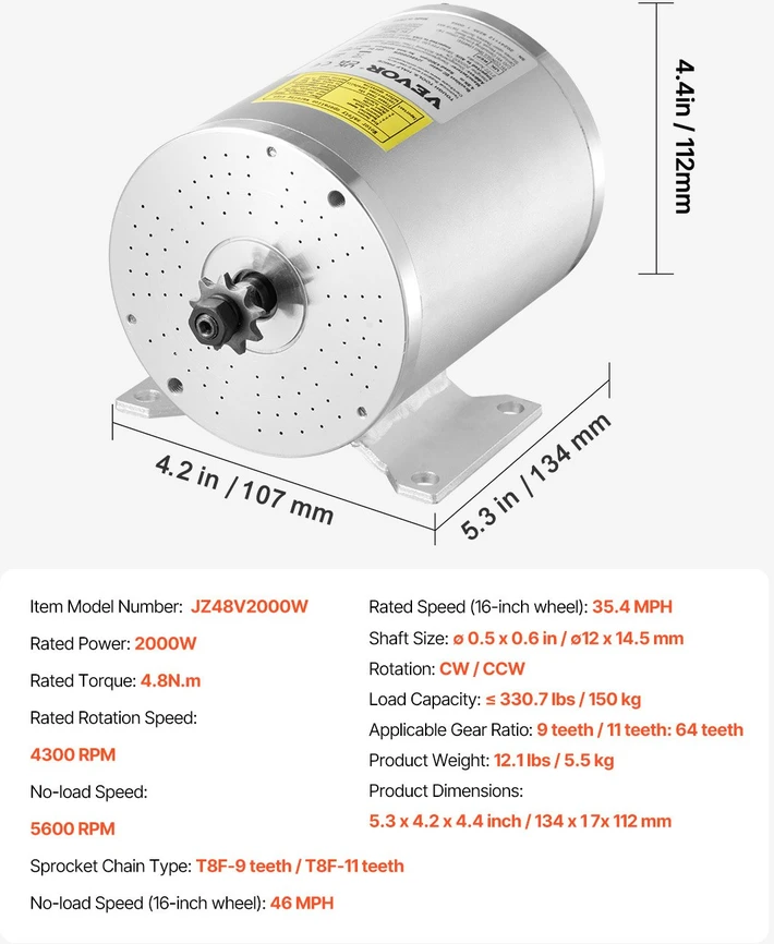 Bešepetėlinio nuolatinės srovės variklio rinkinys 2000 W 48 V 4300 aps/min go-kartams el. dviračiams