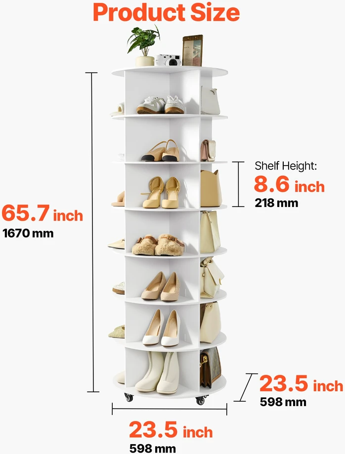 Besisukanti avalynės spintelė 360°. 28 poroms. 7 lentynos. su ratukais. 598x598x1670 mm. balta