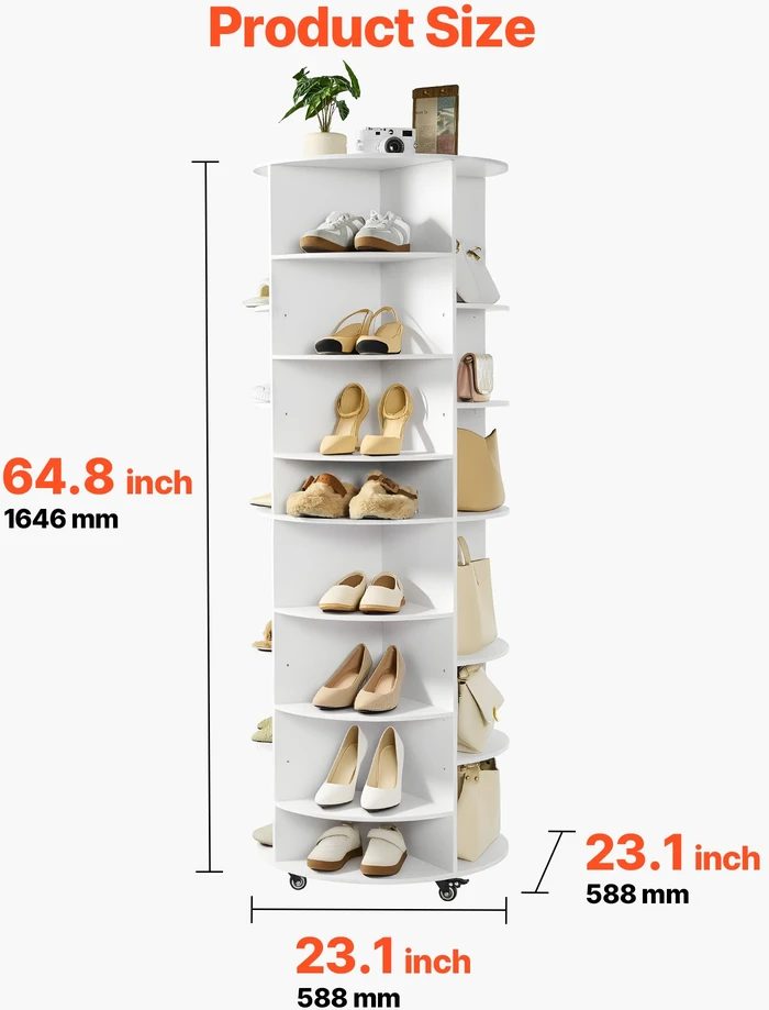 Besisukanti avalynės spintelė 360°. 28 poroms. 7 lentynos. su ratukais. 588x588x1646 mm. balta