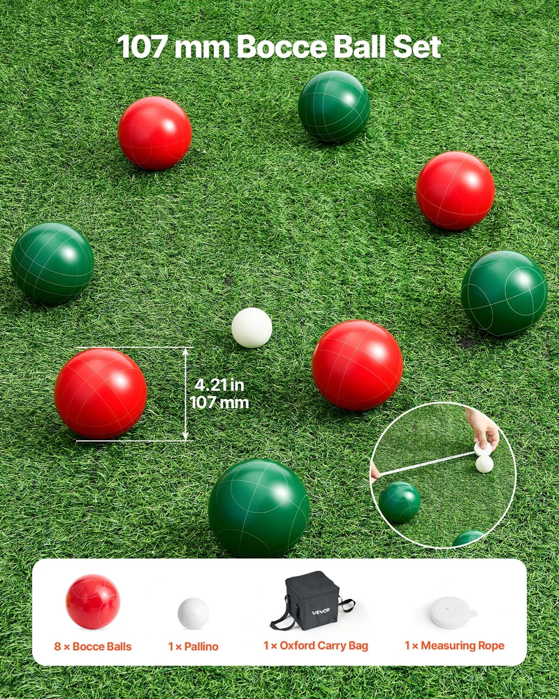 Bočia (bocce) žaidimo rinkinys. 107 mm. 8 kamuoliukai. krepšys ir matavimo virvė. 2-8 žaidėjams
