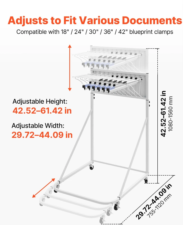 Brėžinių laikiklis su ratukais. reguliuojamas 1080-1560 mm. su 6 spaustukais