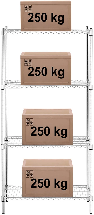 Chromuota metalinė lentyna 4 lentynos 1000 kg 90x45x180 cm