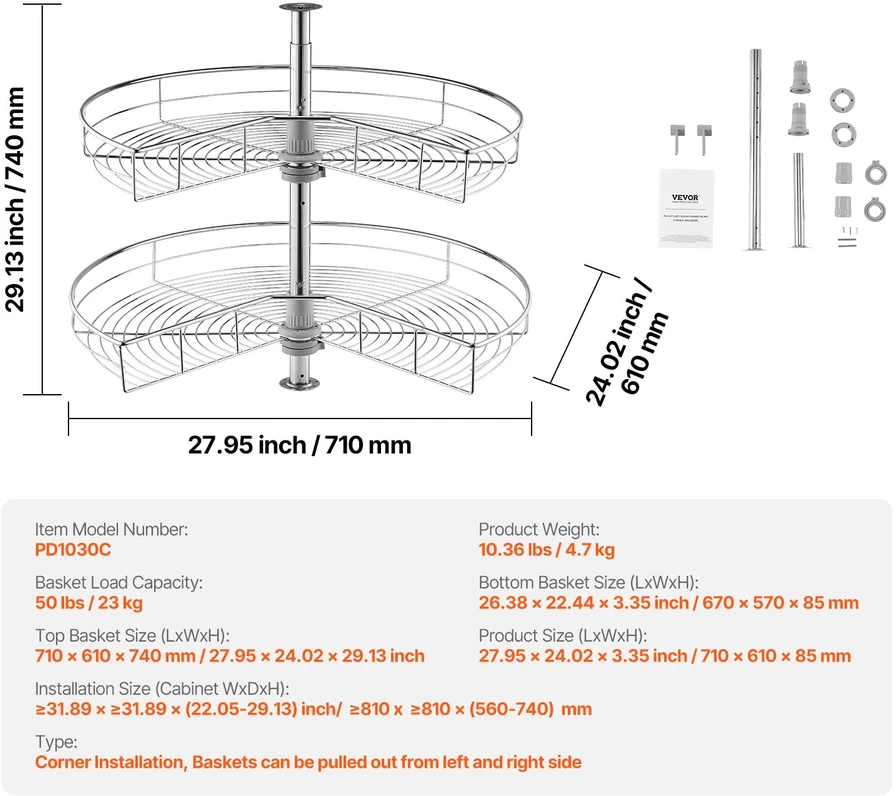 Chromuotas kampinis virtuvės spintelės organizeris. inksto formos. sukasi 360°. 710 mm