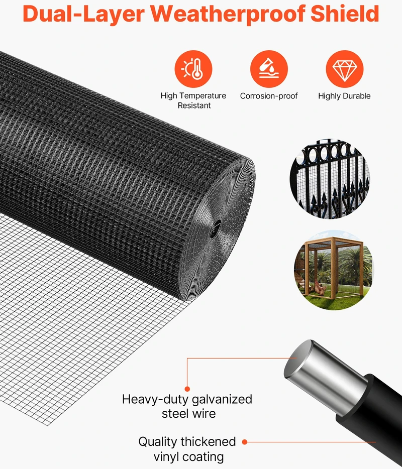 Cinkuoto metalinio tinklo ritinys 1.83 x 15.2 m. dengtas atspariu orams vinilu. suvirinta tvora sodo augalams