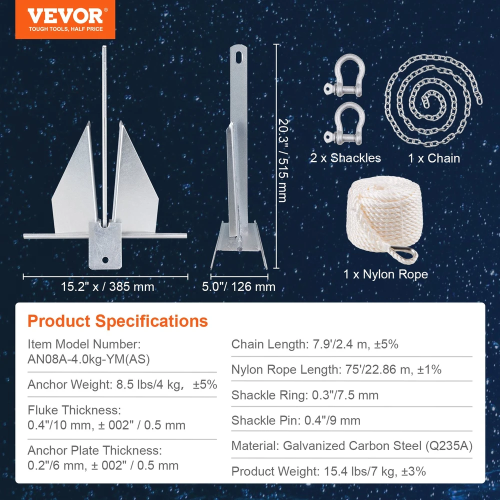 Cinkuoto plieno inkaro komplektas 4kg su 2,4 m grandine ir 22,86 m virve, valtims iki 5,49 m