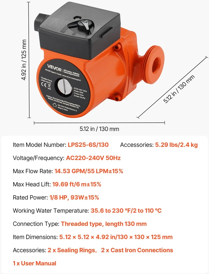 Cirkuliacinis siurblys iš ketaus LPS25-6S/130 1/8 AG 220-240V 55 L/min 3 greičiai