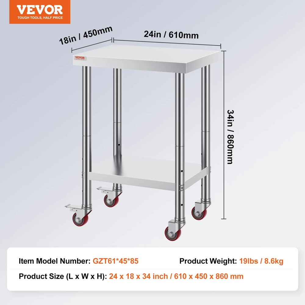 Darbo stalas iš nerūdijančio plieno. 610x450x860 mm. keliamoji galia 180 kg. su 4 ratukais