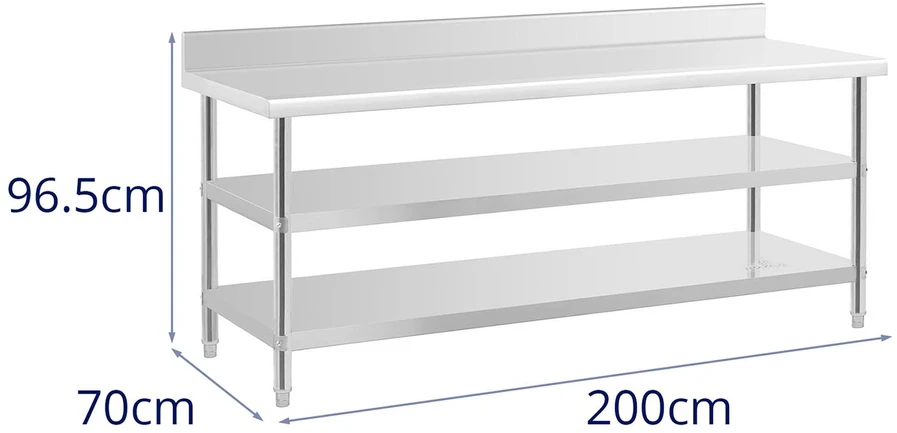 Darbo stalas su atbraila 2 lentynos 200x70cm nerūdijantis plienas
