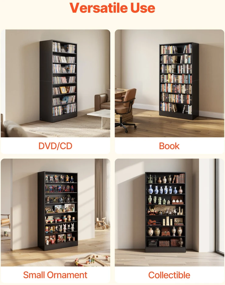 Daugiafunkcė spintelė su 7 skyriais CD/DVD/knygoms. 70 x 30 x 140 cm. juoda