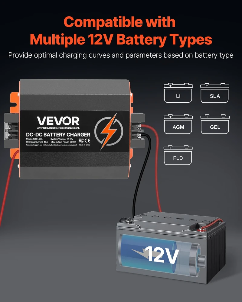 DC/DC akumuliatoriaus įkroviklis 12V 40A (500W). švino. ličio. AGM. GEL tipams