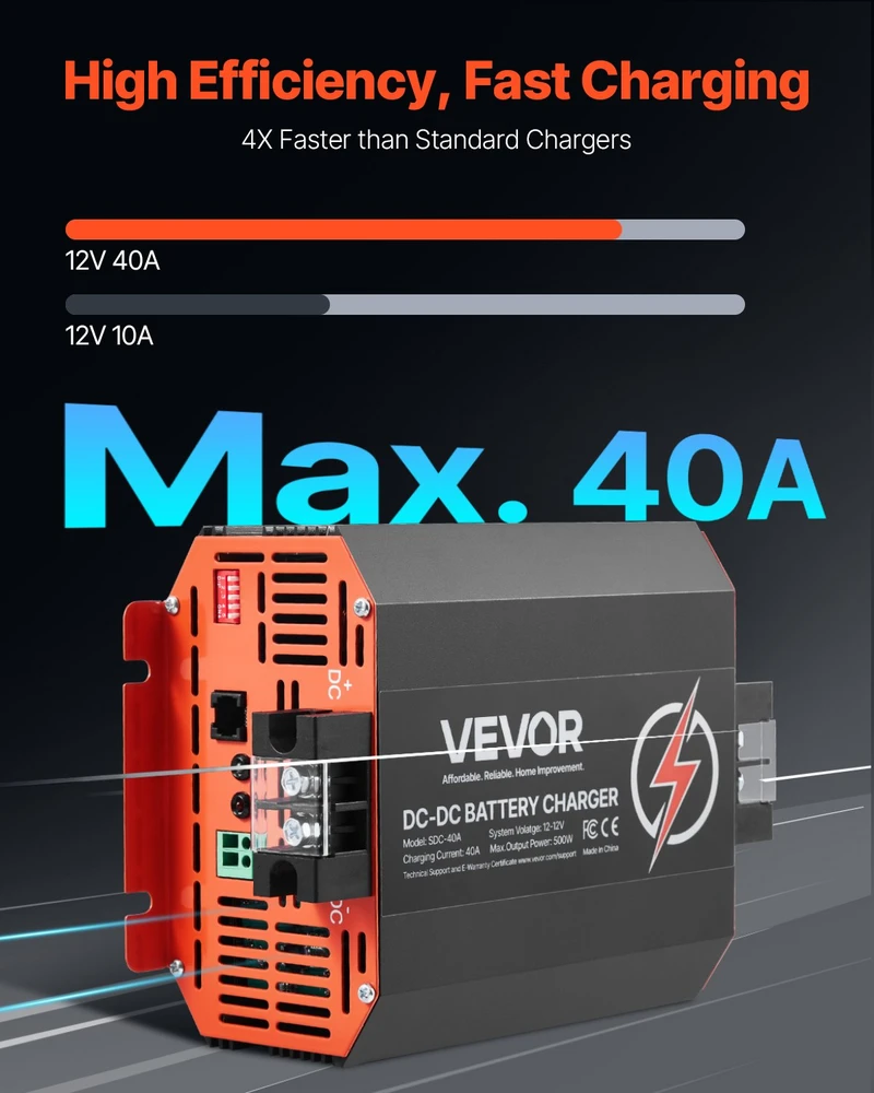 DC/DC akumuliatoriaus įkroviklis 12V 40A (500W). švino. ličio. AGM. GEL tipams