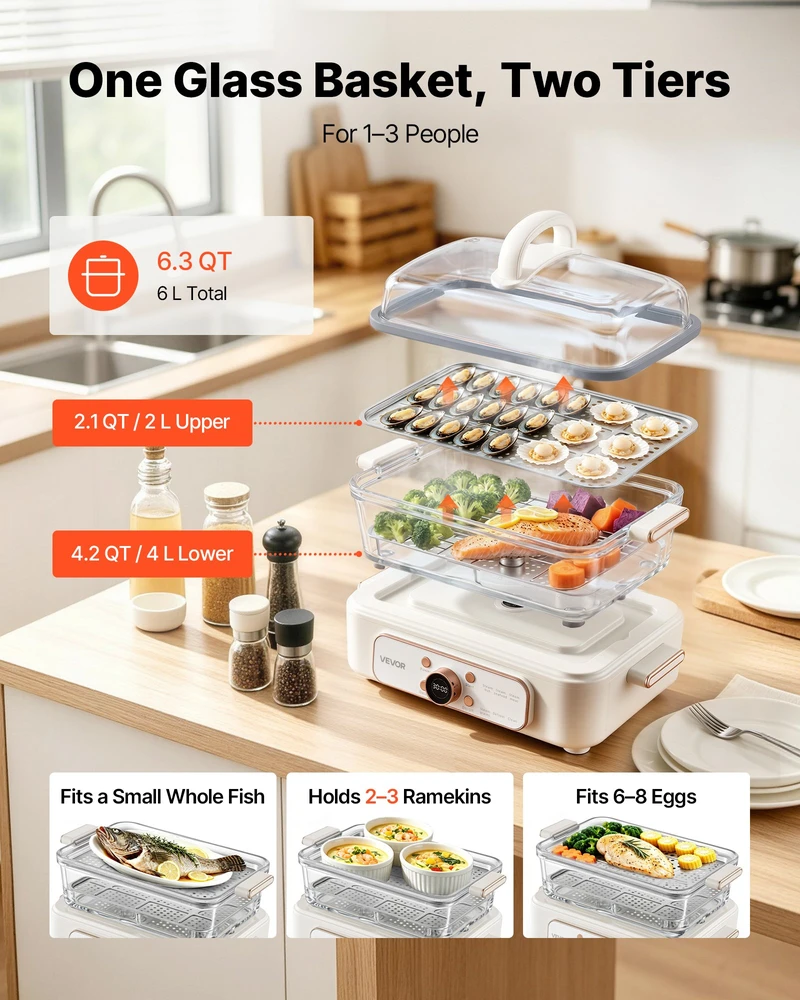 Dėklas Elektrinė garinė virtuvė 6 l. stiklinė. 1200 W. su 2 padėklais. balta