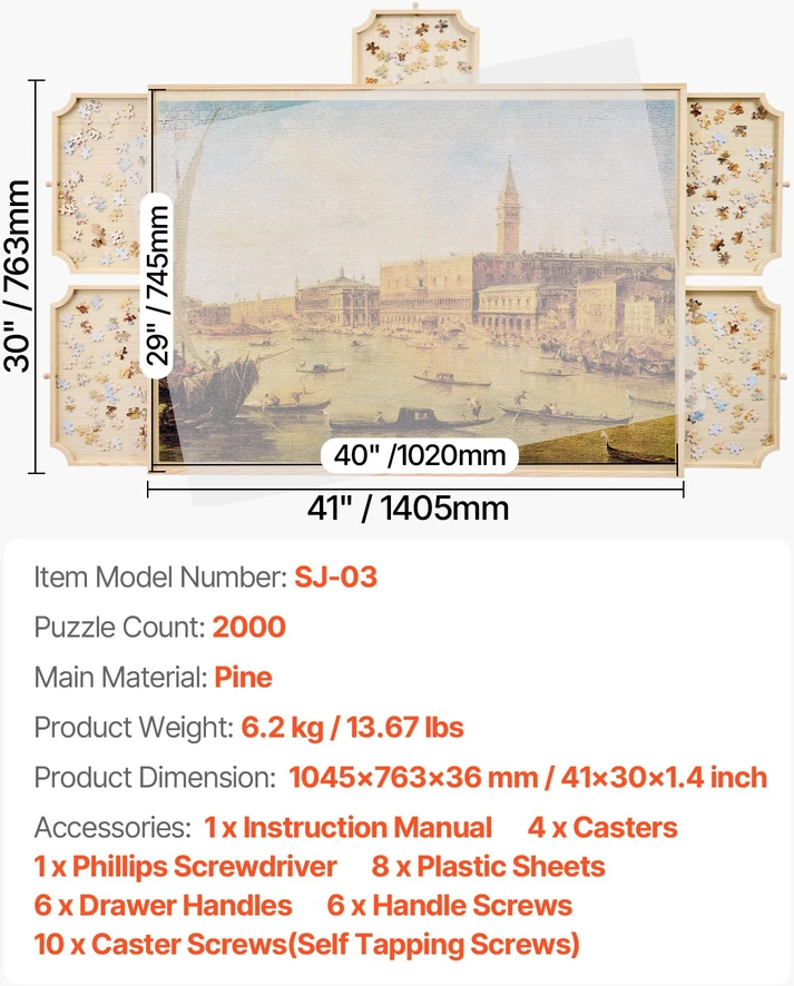 Dėlionė Dėlionių stalas 1020x745 mm iki 2000 detalių. medinis. su 5 stalčiais ir besisukančiu pagrindu