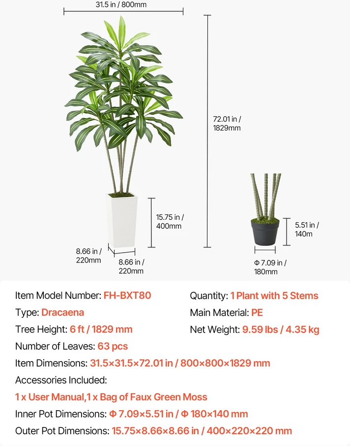 Dirbtinė dracena. 1829 mm. su aukštu baltu vazonu. tropinė palmė vidaus ir lauko dekorui