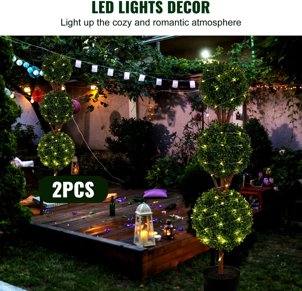 Dirbtinis buksmedžio topiaras, 2 medeliai, 122 cm, su 2 LED lemputėmis