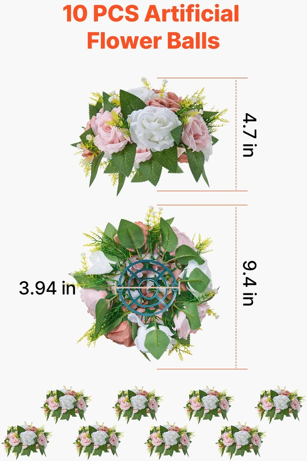 Dirbtinių gėlių puokštė. 10 vnt.. skersmuo 24 cm. vestuvių stalo puošmena. balta ir rožinė