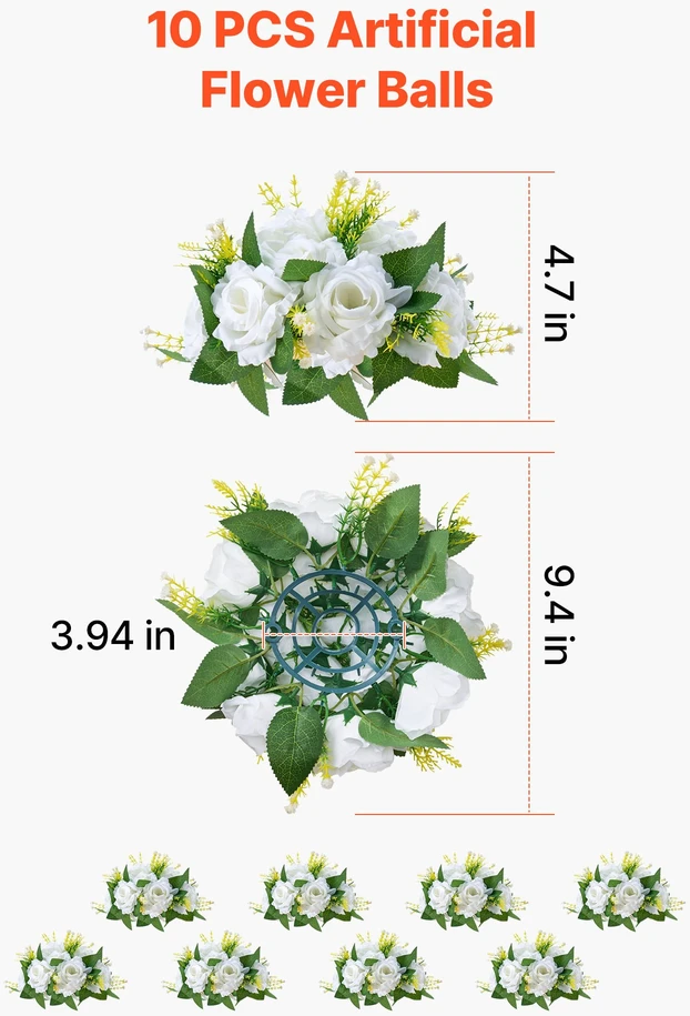 Dirbtinių gėlių puokštė. 10 vnt.. skersmuo 24 cm. baltų rožių stalo puošmena vestuvėms