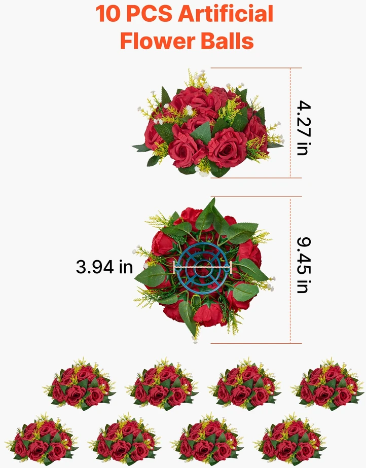 Dirbtinių gėlių puokštė. 10 vnt.. skersmuo 24 cm. vestuvių stalo puošmena. raudona