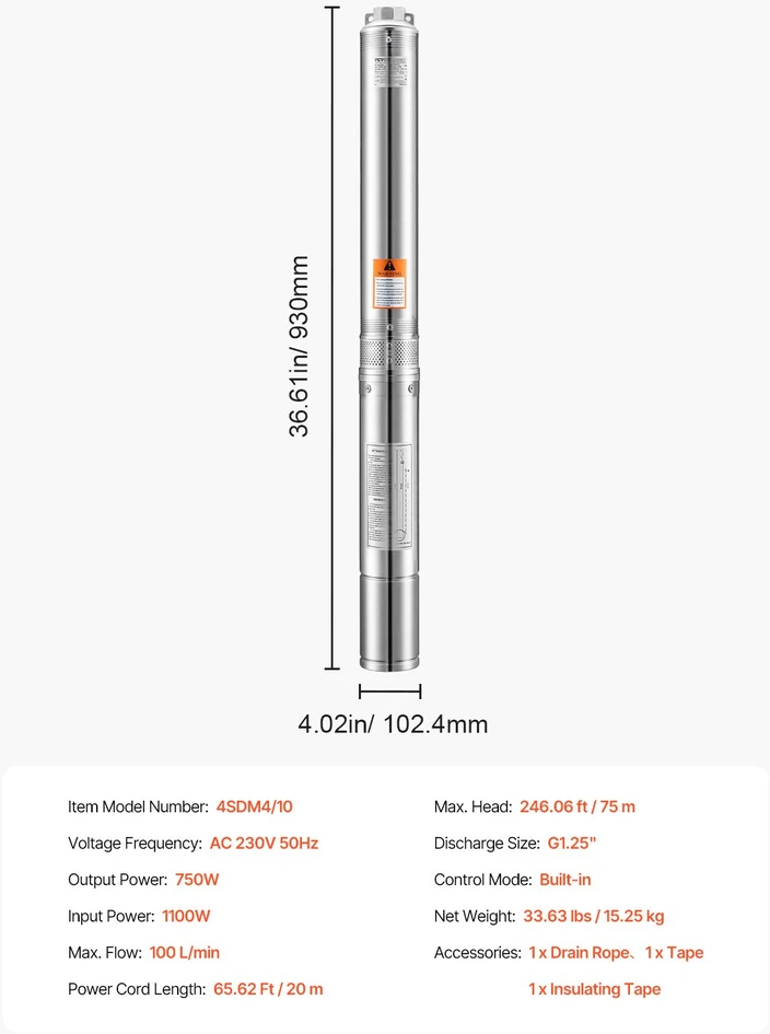 Dulkių siurblys Panardinamasis nerūdijančio plieno siurblys giliems šuliniams. IP68. galia 1100 W. našumas 100 l/min. kėlimo aukštis 75 m
