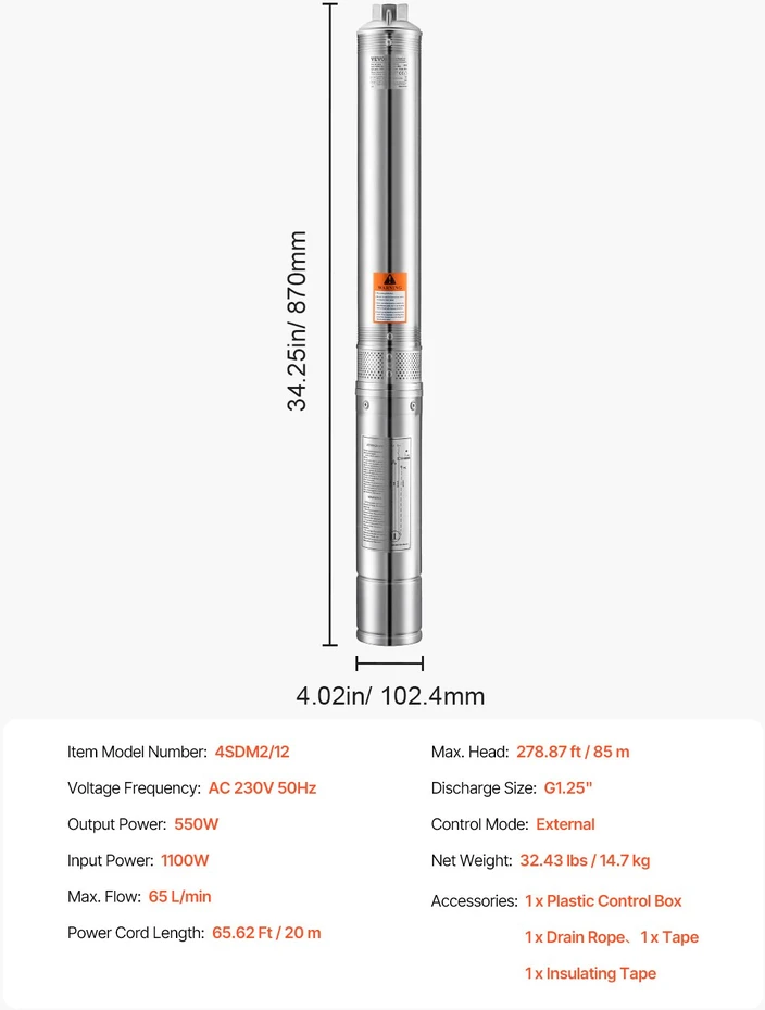Dulkių siurblys Panardinamasis siurblys giliems šulinių gręžiniams IP68. 1100 W. 230 V. debitas 65 l/min. kėlimo aukštis 85 m
