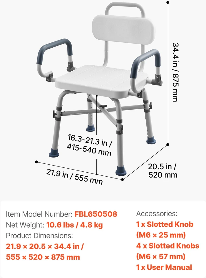 Dušo kėdė su 360° pasukimu. atlošu ir porankiais. apkrova iki 227 kg. aukštis reguliuojamas 415-540 mm