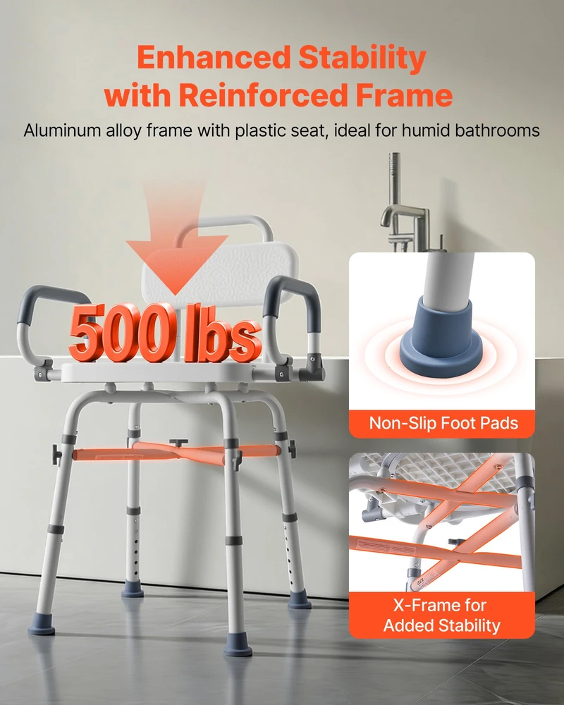 Dušo kėdė su 360° pasukimu. atlošu ir porankiais. apkrova iki 227 kg. aukštis reguliuojamas 415-540 mm