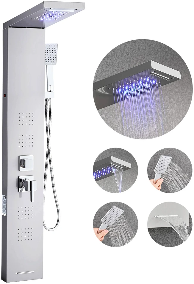 Dušo panelė-bokštas su LED ir krioklio tipo galvute šlifuoto plieno 1345 mm 5 funkcijų maišytuvas