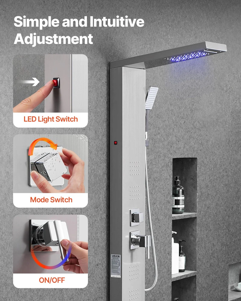 Dušo panelė-bokštas su LED ir krioklio tipo galvute šlifuoto plieno 1345 mm 5 funkcijų maišytuvas