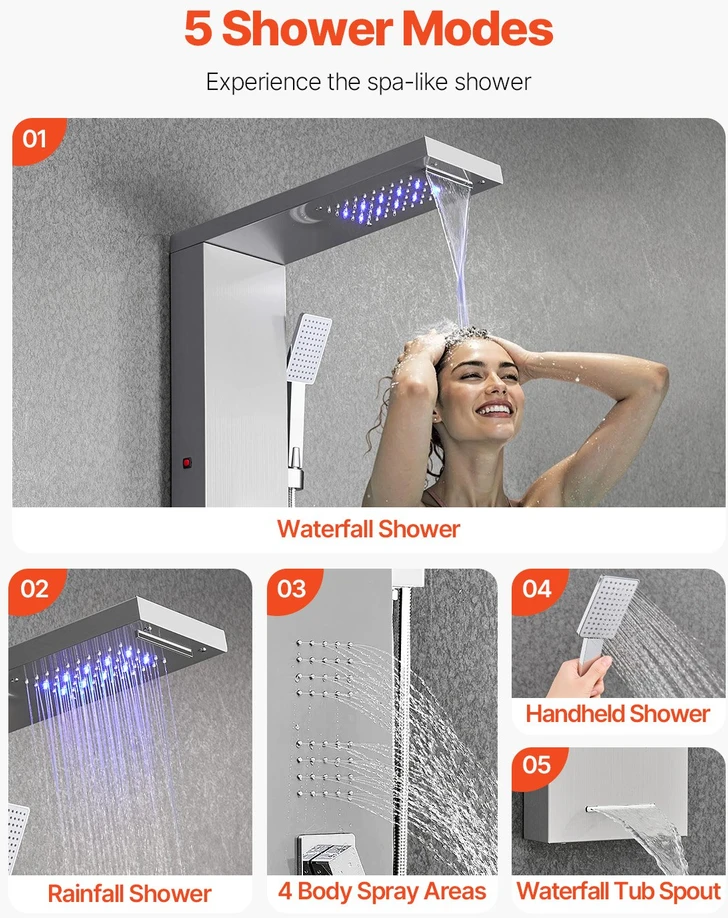 Dušo panelė-bokštas su LED ir krioklio tipo galvute šlifuoto plieno 1345 mm 5 funkcijų maišytuvas