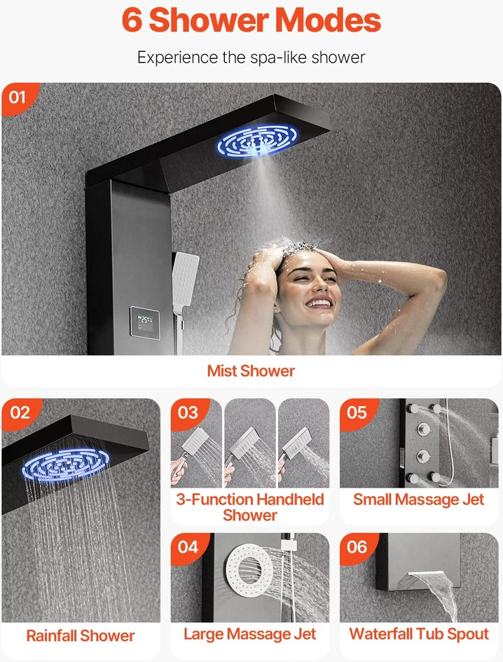 Dušo panelė-bokštas su lietaus galvute ir LED šlifuoto plieno 1345 mm 6 funkcijų maišytuvas 5 purkštukai