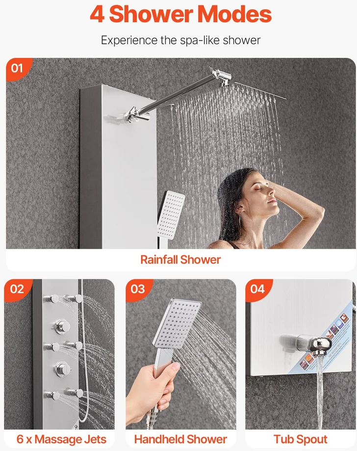 Dušo panelė-bokštas su lietaus galvute ir LED šlifuoto plieno 1240 mm 6 masažo purkštukai
