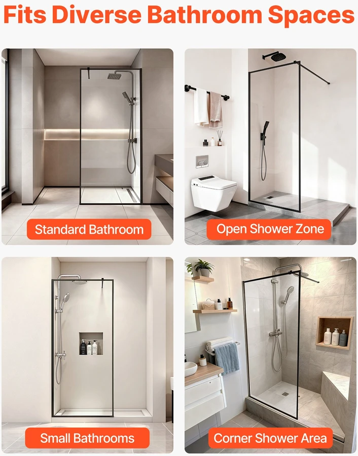 Dušo sienelė su pilnu rėmu 864x187 cm walk-in tipo 8 mm grūdintas stiklas juoda
