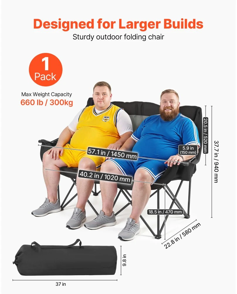 Dviguba kempingo kėdė didelė dviejų asmenų kempingo kėdė su 300 kg sunkiosios apkrovos atrama su dvigubais puodelių