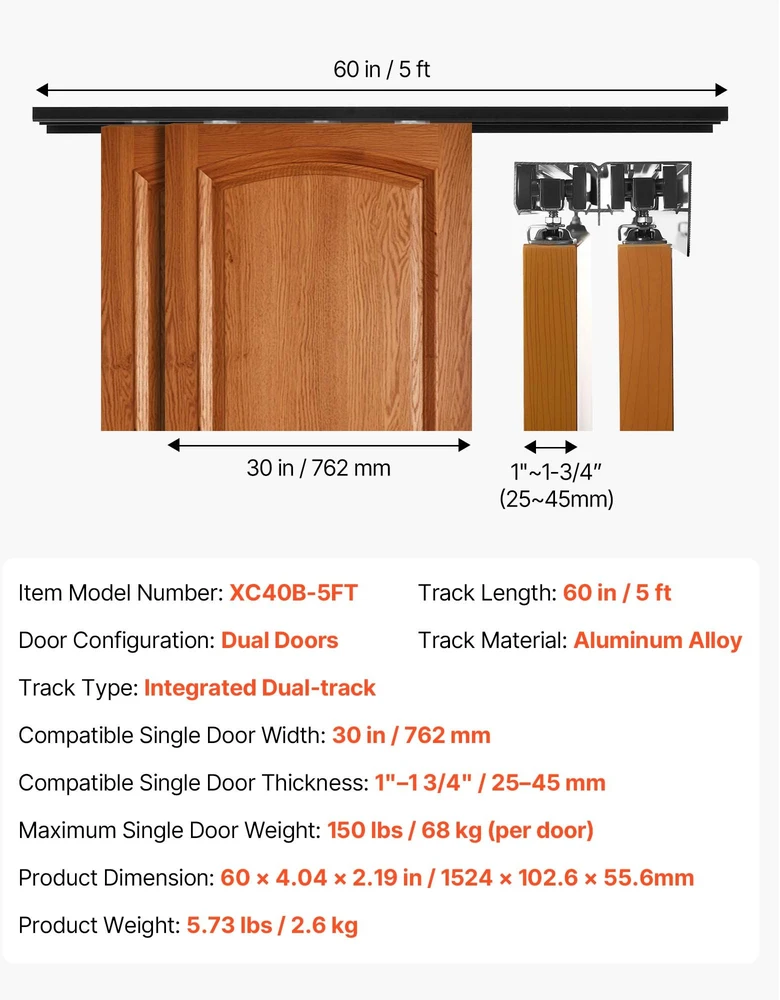 Dvigubo bėgio slankiojančių durų furnitūros komplektas. ilgis 1524 mm. dviem durims