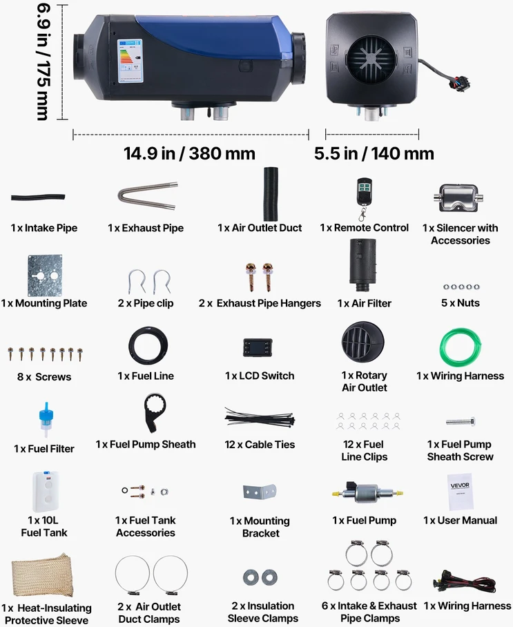 Dyzelinis oro šildytuvas 12-24 V 5-8 kW su nuotolinio valdymo pultu ir LCD ekranu